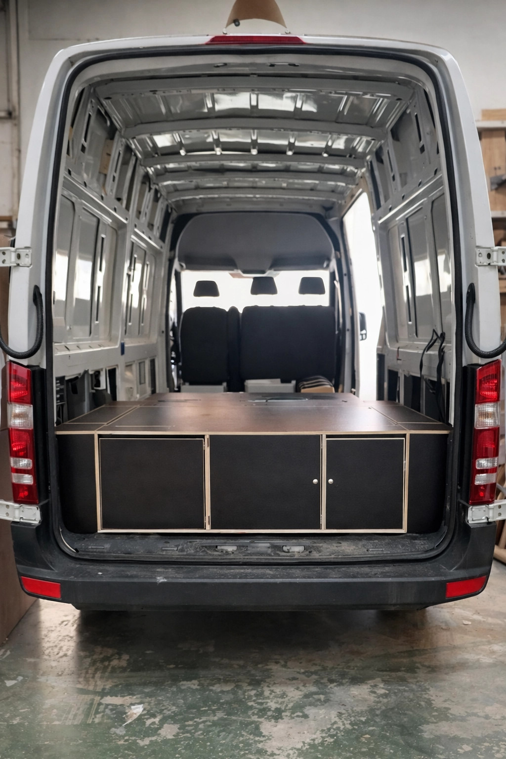 Kit d’aménagement Mercedes Sprinter – meuble camper amovible sans homologation, module replié dans le coffre