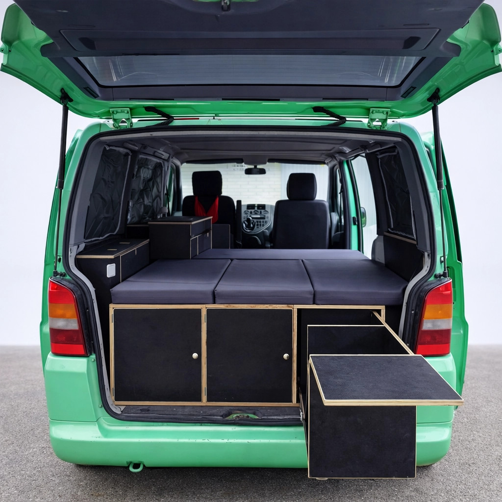 Camperizar Mercedes Viano con kit quita y pon, plazas operativas según versión y módulo plegado en el maletero