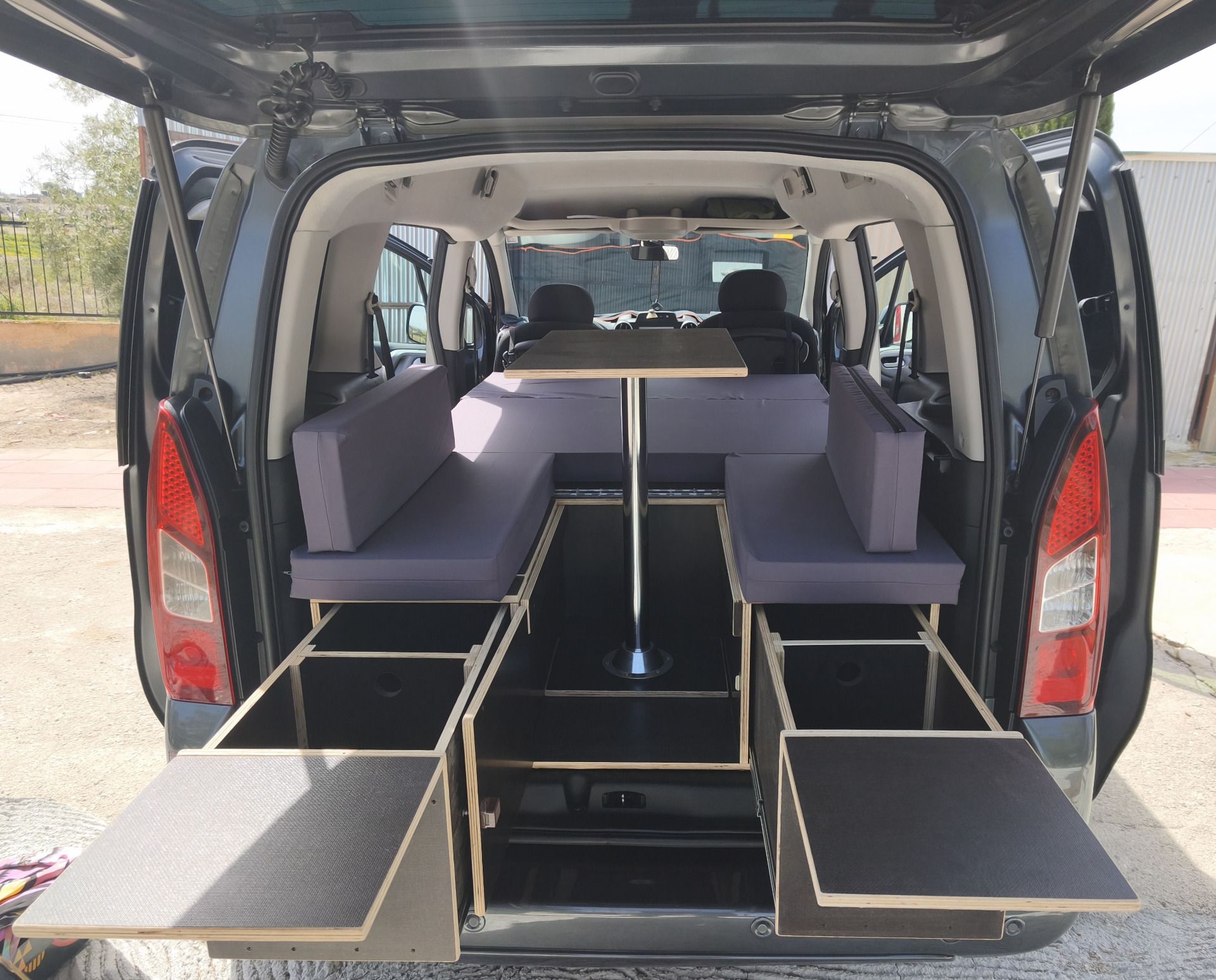 Peugeot Partner camper conversion kit with removable camper furniture, New Design mattress pack, rear kitchen drawer and compact storage modules