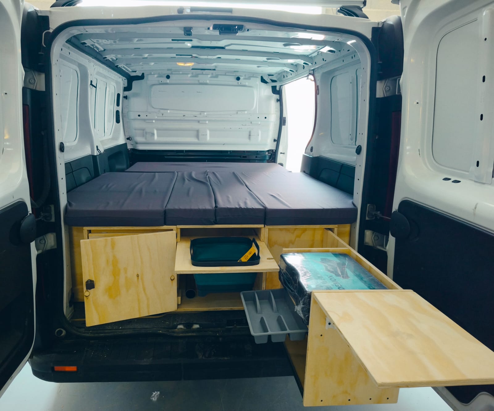 Renault Trafic camper furniture kit with folding bed, New Design dark grey mattress pack, rear kitchen and modular storage